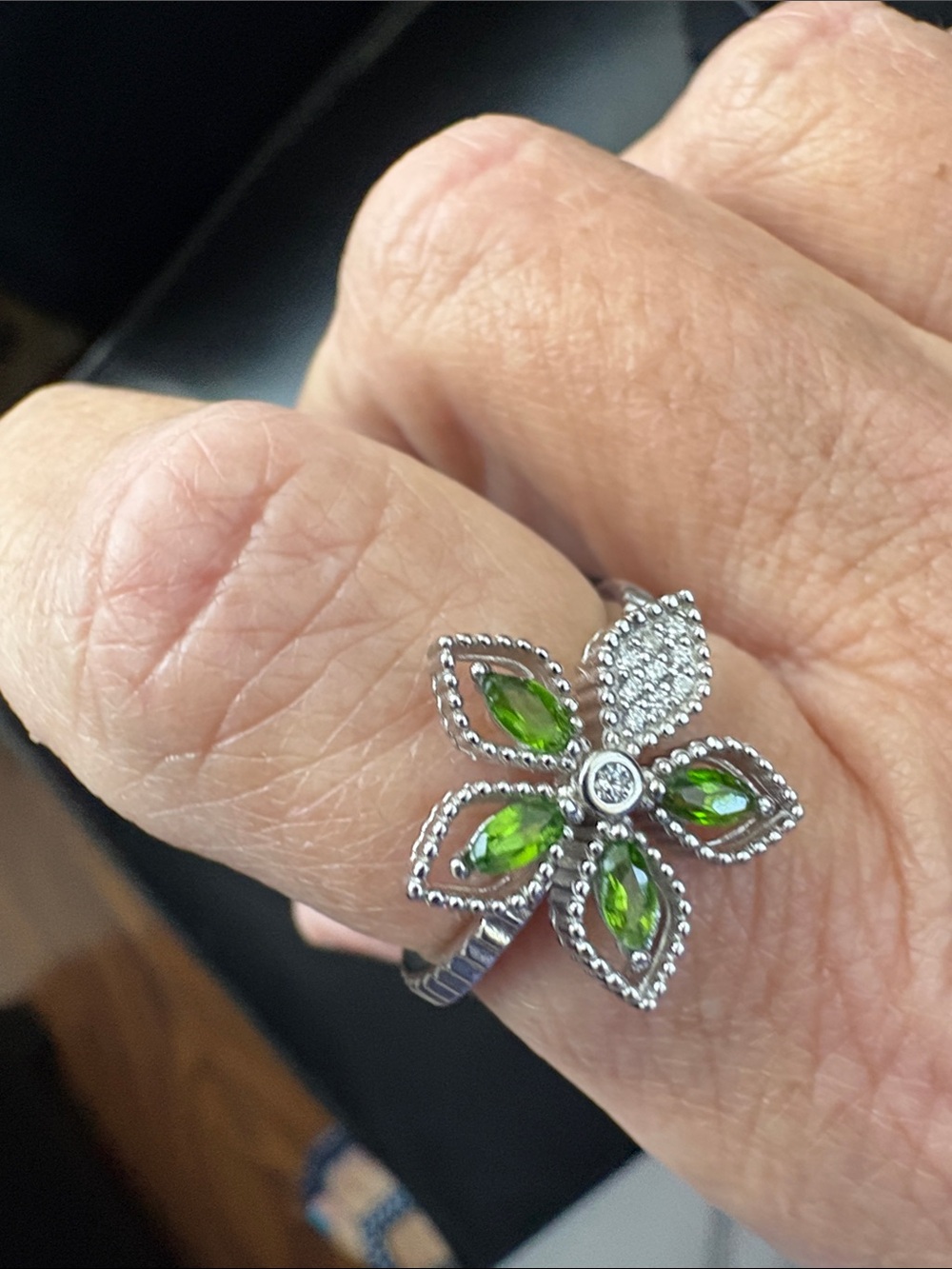 Sterling Silver Marquise Chrome Diopside Peridot Flower Ring . Brand New
